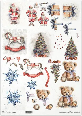 Immagine prodotto di Carta di riso per decoupage carta artigianale per decoupage A3 ITD-1294L Babbo Natale, cavallo a dondolo, orsacchiotto, fiocco di neve, regalo, albero di Natale