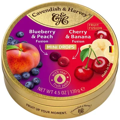 Produktbild von Cavendish & Harvey Blueberry & Peach Fusion & Cherry & Banana Fusion Mini Drops 130g