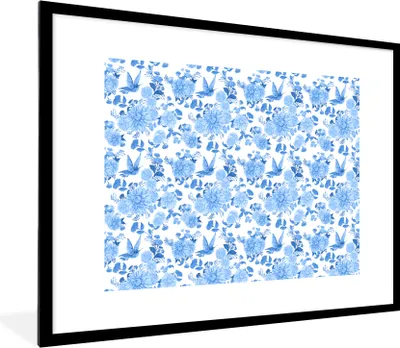 Produktbild von MuchoWow® Gerahmtes Poster Blumen - Muster - Blau 80x60 cm - Poster mit Schwarzem Bilderrahmen Wandposter Rahmen Foto Bilder - Schlafzimmer-Dekorationen - Fotoposter
