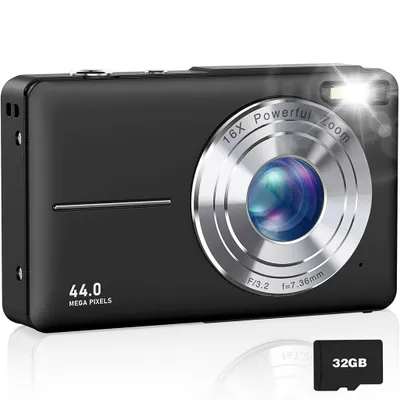Produktbild von AIORBER Kinder Digitalkamera 44MP 1080P, 16x Zoom, 2,4" Display, Bildstabilisierung, Selfie, Mini Kompaktkamera, Stoßfest, Schwarz