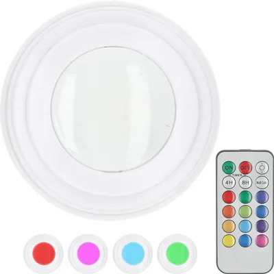 Immagine prodotto di Set di 5 luci LED adesive bianche RGB a 12 colori, Ø 7 cm, in plastica, con interruttore a sfioramento, telecomando, funzione timer, alimentate a batteria, luce notturna