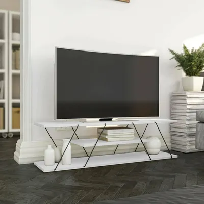Image de Desdemona - Meuble TV, 120x30x33h cm Blanc, 3 Étagères
