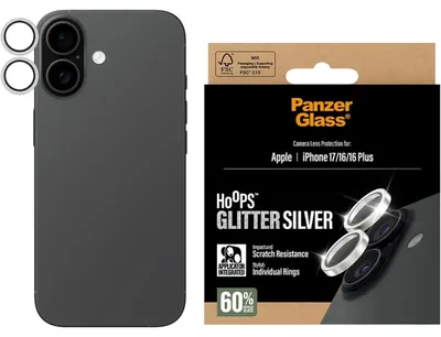 Zdjęcie produktu dla PanzerGlass ® Hoops® Camera Lens Protector Glitter Silver iPhone 17 | iPhone 16 | 16 Plus, Apple, Apple - iPhone 17, Apple - iPhone 16, Apple - iPhone 16 Plus, Aplikacja na sucho, Odporny na zadrapania, Odporny na wstrząsy, Srebrny, 1 szt.