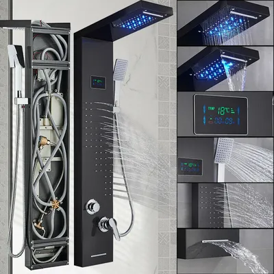 A collage of images showing a black stainless steel shower panel with LED lights, a digital display, and various shower functions.