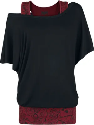 Produktbild von Black Premium by EMP Damen schwarz-rotes T-Shirt im Double-Layer-Look M