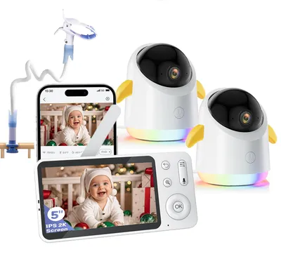 Obrázek produktu pro Dětská chůvička se 2 kamerami a APP 2K/3MP 360° zobrazení 5" WLAN video chůvička RGB noční vidění Detekce pláče/pohybu/zvuku 4x zoom s držákem