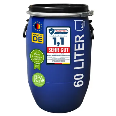 Produktbild von plasteo® 60 Liter Deckelfass Weithalsfass mit Spannverschluss Futtertonne Universalfass Lagerfass Campingfass Transportfass Maischefass Regenfass
