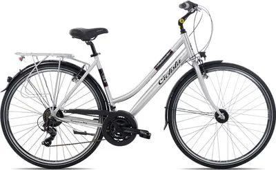 A silver women's city bike is shown against a white background.