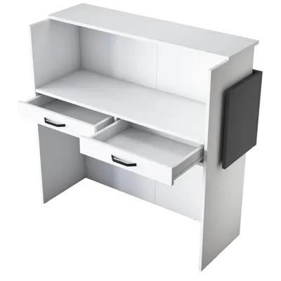 A white reception desk with two open drawers and a dark gray panel on the side.