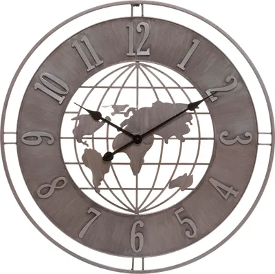 A close-up studio shot of a wall clock with a globe design.
