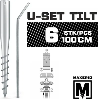 Produktbild von MAXERIO® 100 cm 6er U-Set TILT Schraubfundamente inkl. 12 cm Pfostenträger (U-Winkel - feuerverzinkt); Ø 60 x 2; M12
