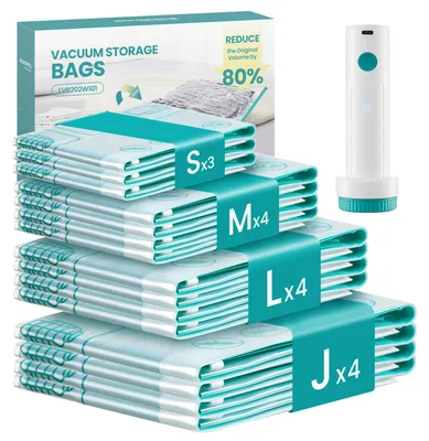 Imagen del producto de SONGMICS, bolsas de vacío para ropa, 15 unidades, con bomba eléctrica – Tamaño: 15 bolsas (3 pequeñas, 4 medianas, 4 grandes, 4 extra grandes)
