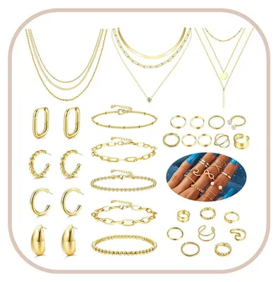 Image de Ensemble de bijoux 35 pièces, couleur or, comprenant des boucles d'oreilles, une bague et un collier, idéal pour une soirée