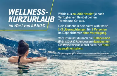 Produktbild von Jochen Schweizer Wellness Kurzurlaub für 2 (3 Nächte); Erlebnis verschenken oder selbst erleben;  Gutschein gültig für 2 Personen