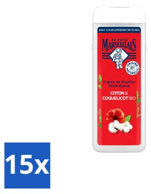 Productafbeelding van 15 x Douchegel Le Petit Marseillais, biologische katoenmelk & klaproos - 400 ml - Voordeelverpakking - 15 stuks