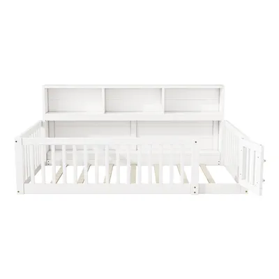 A white wooden daybed with a bookshelf headboard and a slatted base, shown from the front.