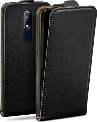 A black leather flip case for a smartphone is shown against a white background. The case is partially open, revealing the phone's camera module.