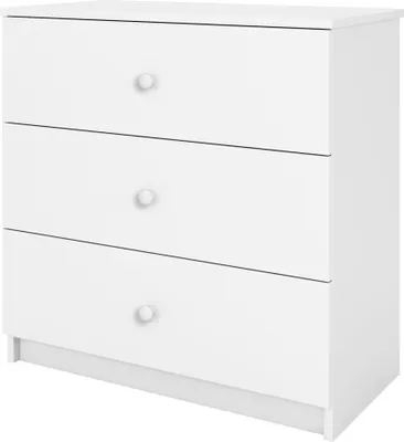 A white three-drawer dresser is shown against a white background.