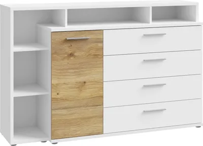 Zdjęcie produktu dla Sideboard >MAYACUS< 4 Schübe, 1 Tür, 5 Fächer, weiß,Eiche Dekor - 153,1x98,5x41,3cm BxHxT