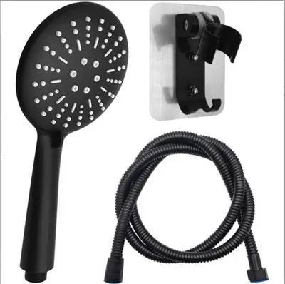 Produktbild von Schwarzer Duschkopf, Handbrause mit 1,5 m Schlauch und Brausehalter, 3 Sprühmuster, wassersparender Duschkopf