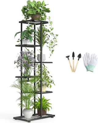 Zdjęcie produktu dla Metalowy stojak na kwiaty, 6 półek – stojak na rośliny – uchwyt na narzędzia ogrodnicze – rękawiczki – 108 cm – do użytku wewnątrz i na zewnątrz – stojak na rośliny balkonowe