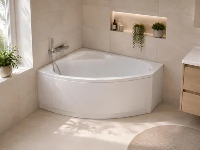 Produktbild von AQUA for you | Badewanne - Polimat Frida - Asymmetrische Eckbadewanne - 140x90 cm - Links - Weiß - mit Verkleidung, Siphon, Gestell, Acrylwanne, KI-generiertes Bild
