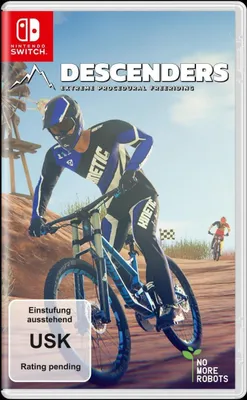 A video game box cover for Descenders on Nintendo Switch, featuring a mountain biker in action.