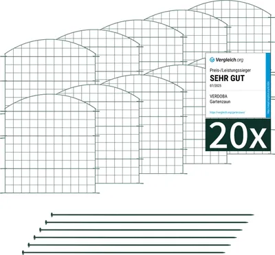 Multiple green metal fence elements are arranged in a curved pattern, with a white label overlaying some of them. Several green stakes are laid out horizontally at the bottom.