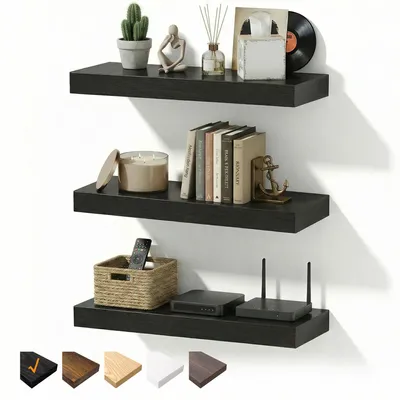 Zdjęcie produktu dla Półki ścienne zestaw 3 szt., 40 x 23,5 x 3,8 cm, czarna płyta MDF, niewidoczne wsporniki, do salonu