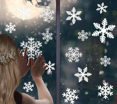 Productafbeelding van Herbruikbare witte kerst sneeuwvlok raamstickers voor raamdecoratie