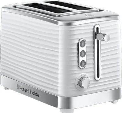 A white Russell Hobbs toaster with a textured wave pattern and silver trim.