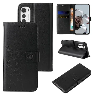 Produktbild von Handyhülle für Motorola Moto E32 Floral Blumen Schmetterling Flip Cover Hülle Case Klapphülle Handytasche Farbe: Schwarz