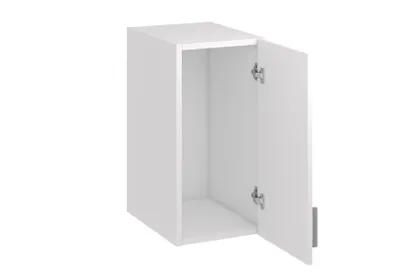 A white kitchen cabinet with its door open, shown against a white background.
