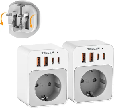 Produktbild von TESSAN 2 Stück Klappbarer Adapter 5 in 1 Reiseadapter UK Adapter auf EU Steckdosenadapter 2 USB C und 2 USB A Typ G für London