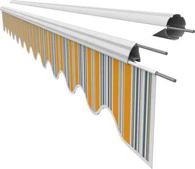 A close-up, isolated view of a retractable awning fabric with a striped pattern.