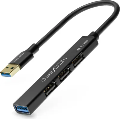 Produktbild von deleyCON USB HUB 4 Port - 4x USB A Anschlüsse (1x USB 3.0 // 3x USB2.0 Buchse) - Mit 15cm Kabel USB A Stecker - Schwarz