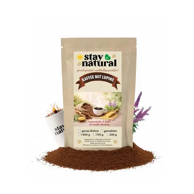 Produktbild von Stay Natural Kaffee mit Lupine gemahlen 200g – Kaffee Lupinen Mischung, ausgewogenes Aroma mit Koffein, mild & vollmundig, aus deutschen Süßlupinen, nachhaltig geröstet