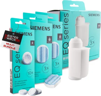Produktbild von MEISTERZWECK4U Siemens Pflegeset für Kaffeevollautomat EQ Series 3x Wasserfilter 1x Reinigungstabletten 2x Entkalkungstabletten, Reinigungsset Kaffeevollautomaten Reinigung Entkalkung Kaffeemaschinen3x Wasserfilter"