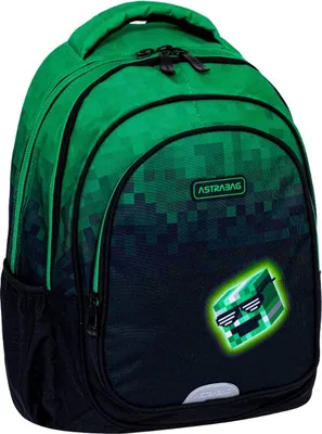 A green and black pixelated backpack with a cartoon character patch.