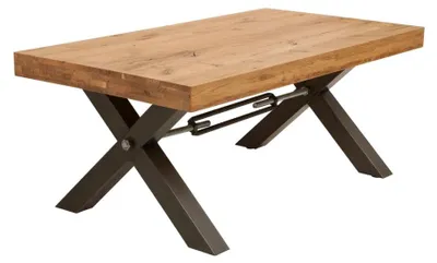 Immagine prodotto di Tavolino basso CAVARA 110 cm in legno massiccio di rovere oliato con piedi in metallo nero a X – stile industriale