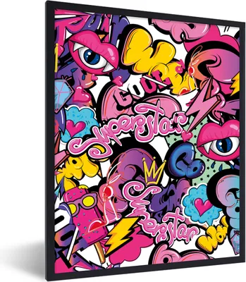 Produktbild von MuchoWow® Gerahmtes Poster Design - Superstar - Cool - Muster - Lippen - Kinder 60x80 cm - Poster mit Schwarzem Bilderrahmen Wandposter Rahmen Foto Bilder - Premium - Wanddeko Wohnzimmer