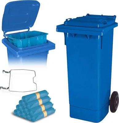 Produktbild von BRB 80 Liter Mülltonne blau mit Halter für Müllsäcke, inkl. 250 Müllsäcke