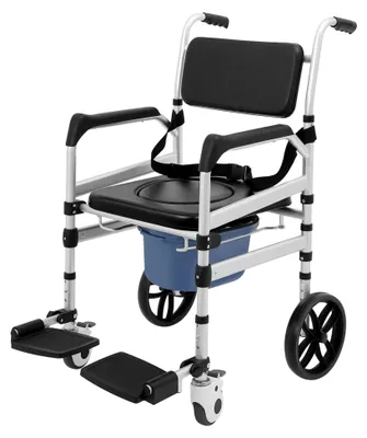 Produktbild von Toilettenstuhl für Senioren, klappbarer Toilettenstuhl mit Rollen, 3-stufig höhenverstellbar, Duschrollstuhl, Nachtstuhl mit Eimer und Deckel, Tragfähigkeit 150 kg
