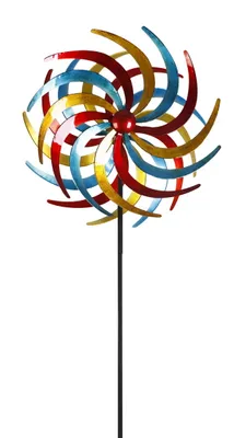 A colorful metal wind spinner on a black pole against a white background.