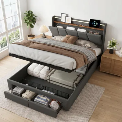 Image de INONEFT, lit capitonné 140x200 cm avec éclairage LED et fonction de rangement, lit double avec 2 tiroirs, lit coffre avec sommier à lattes, tissu lin, couleur gris