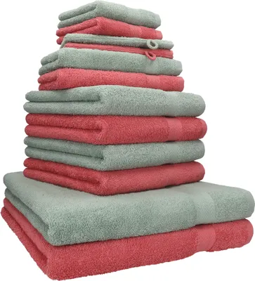Produktbild von Betz 12-tlg. Handtuch-Set PREMIUM 2 Duschtücher 4 Handtücher 2 Gästetücher 2 Seiftücher 2 Waschhandschuhe  Farbe: himbeere / heugrün