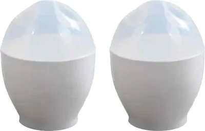 Two white microwave egg cookers with translucent blue tops, shown from the front.