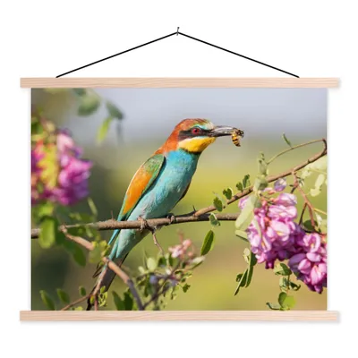 Produktbild von MuchoWow® Textilposter Vogel - Bienenfresser - Blumen 120x90 cm mit holzfarbenen Rahmen - Magnetisch