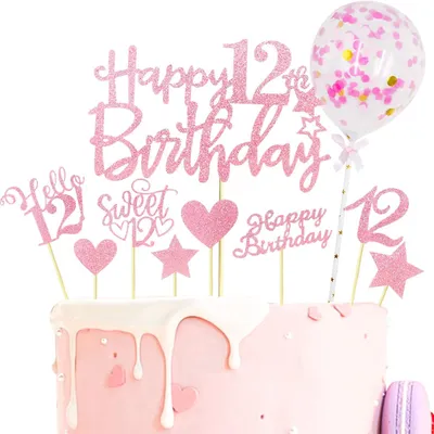 Imagen del producto de Decoración para pastel de cumpleaños número 12 - Para niñas y niños - Color rosa con brillo - Decoración para pastel de cumpleaños de 12 años