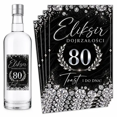 Obrázek produktu pro Etikety na lahve – k 80. narozeninám – „Eliksir Dojrzałości” – černá a stříbrná – 8 ks